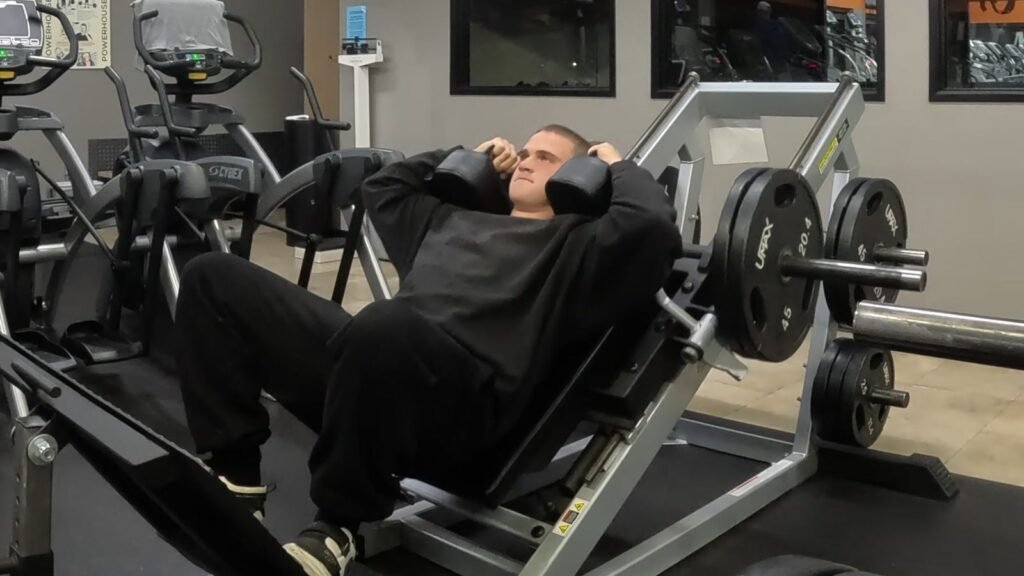 Markus positioned in a hack squat machine.